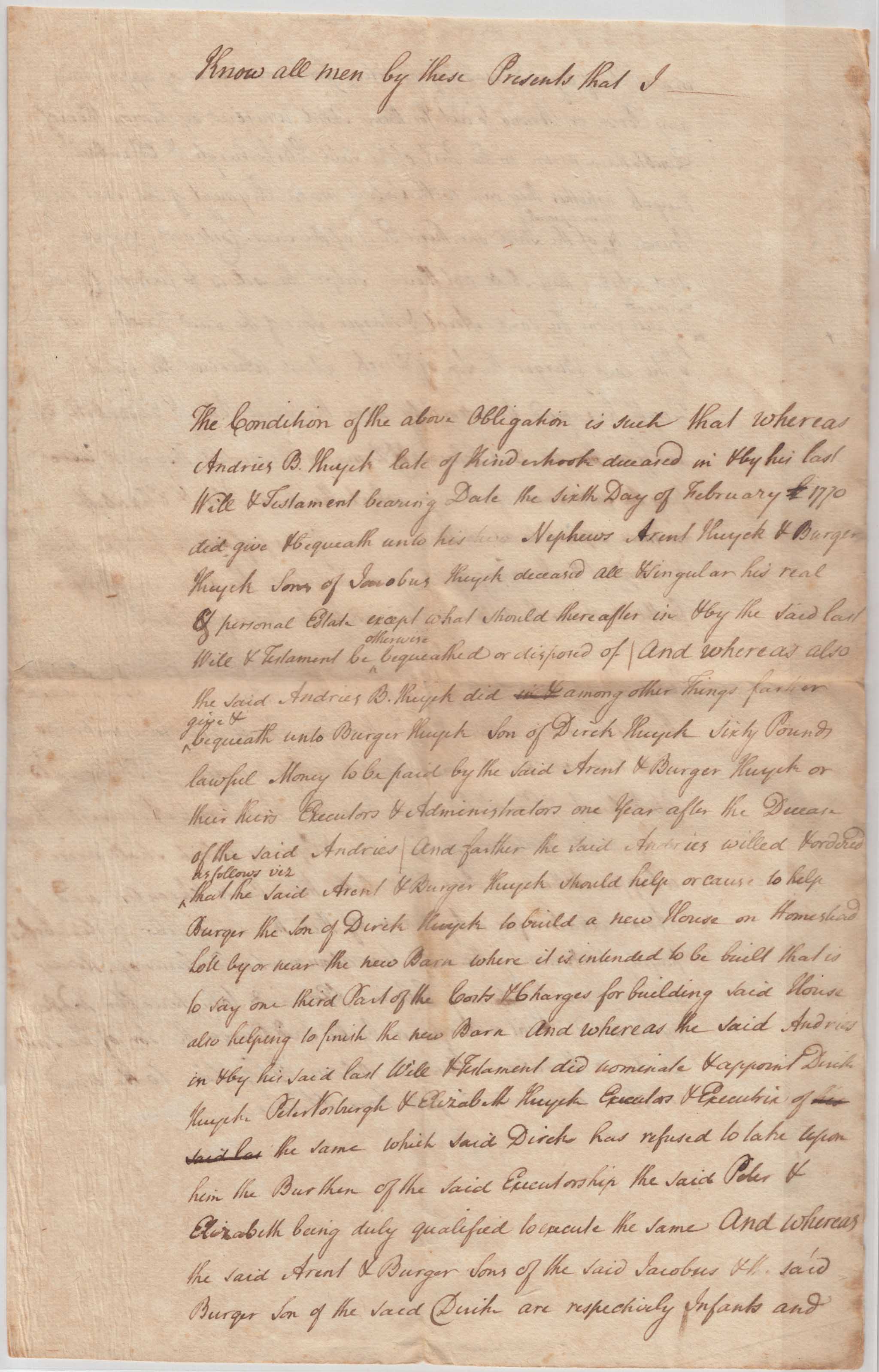 BH035 1771? Proposed Indemnification Bond Re. the Administration of Andries B. Huyck's Will